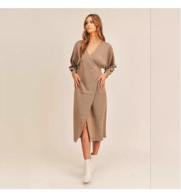 Mable Dresses & Skirts - NEW Mable Minimalist Luxury Jovie Sweater Midi Dress Academia Taupe Wrap Duster